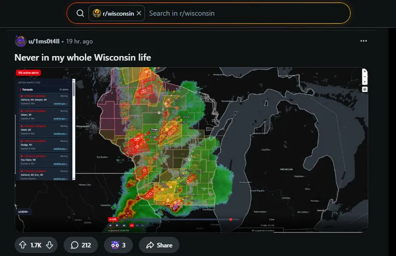 SeeStorm launch post on r/wisconsin with 1.7k upvotes